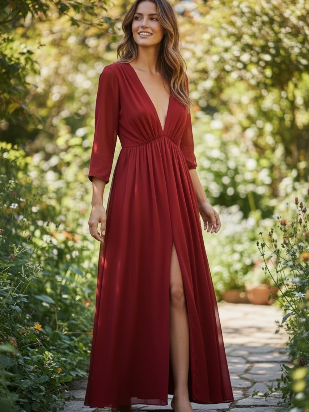 Reformation Dress‎ XS Red V-Neck Maxi Dress Sheer sleeves Empire Waist Split